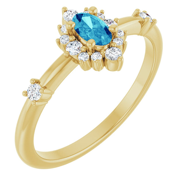 14K Gold Oval Natural Blue Zircon Halo-Style Ring - Yellow Gold