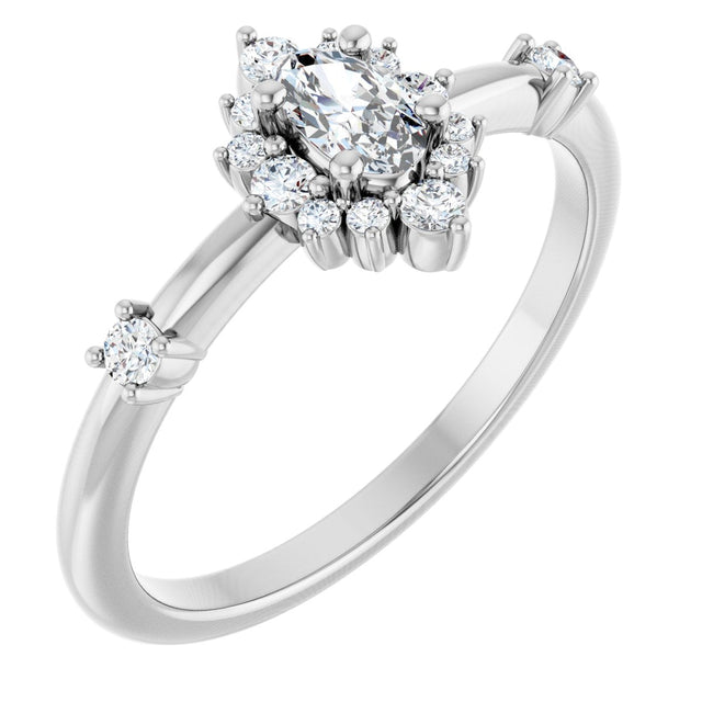 14K Gold Oval Natural White Sapphire Halo-Style Ring - White Gold