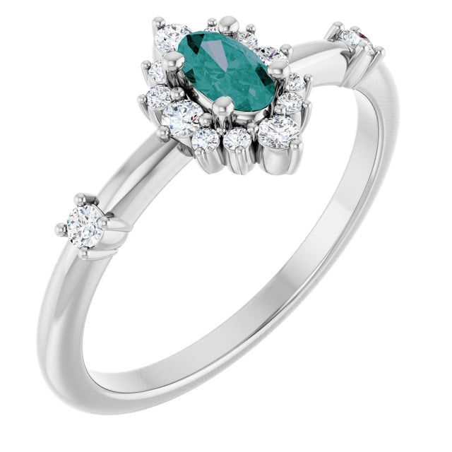 14K Gold Oval Lab-Grown Alexandrite Halo-Style Ring - White Gold