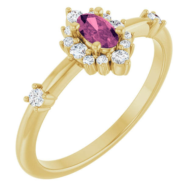 14K Gold Oval Natural Pink Tourmaline Halo-Style Ring - Yellow Gold