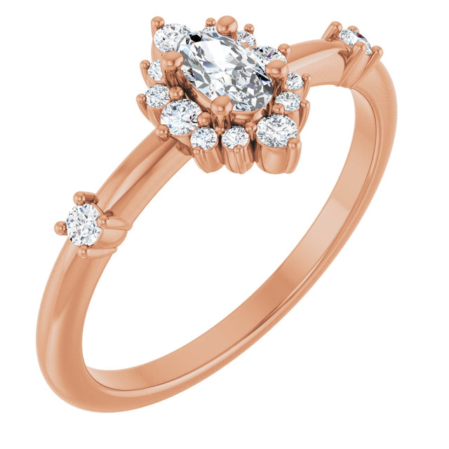 14K Gold Oval Natural White Sapphire Halo-Style Ring - Rose Gold