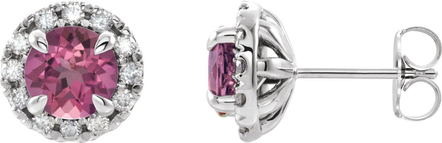 Platinum Round Natural Pink Tourmaline French-Set Halo-Style Earrings