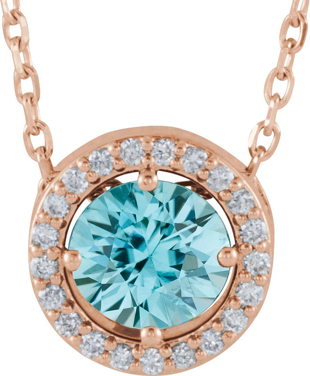 14K Gold Round Natural Blue Zircon Halo-Style Necklace or Pendant - Rose Gold