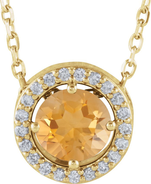14K Gold Round Natural Citrine Halo-Style Necklace or Pendant - Yellow Gold