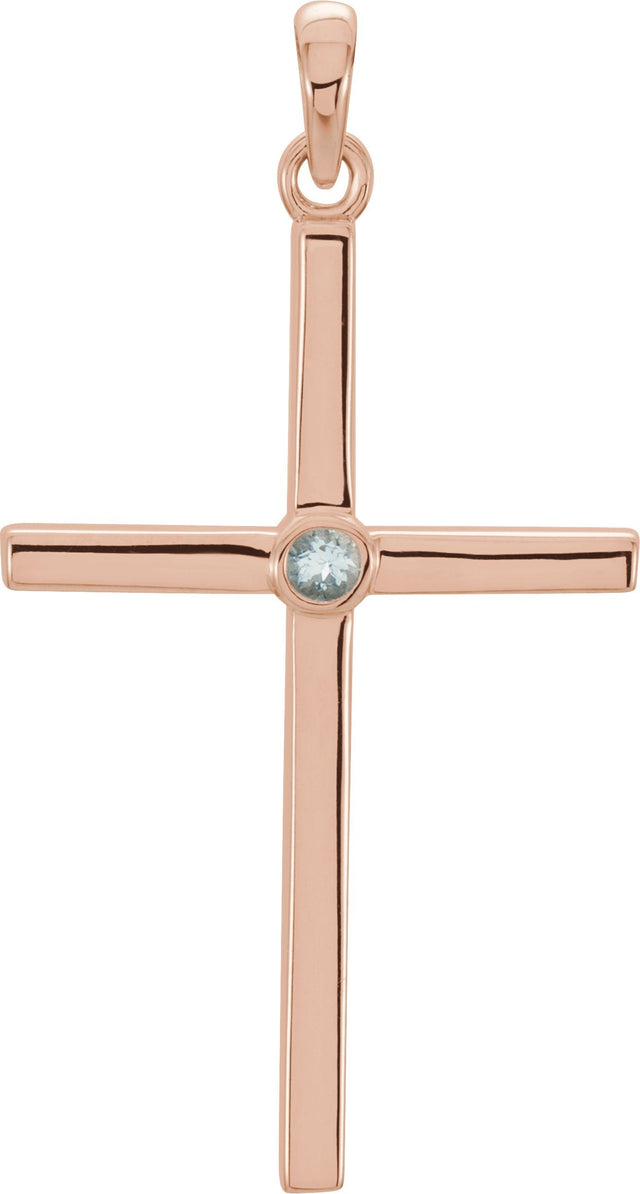 14K Gold Round Natural Aquamarine Cross Pendant - Rose Gold