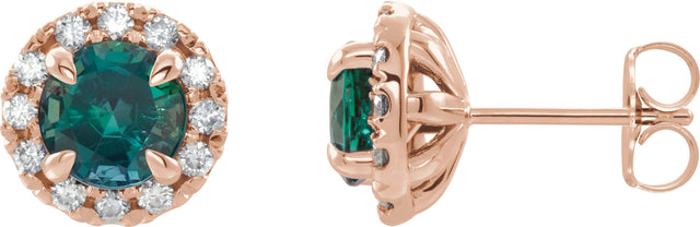 14K Gold Round Lab-Grown Emerald French-Set Halo-Style Earrings - Rose Gold