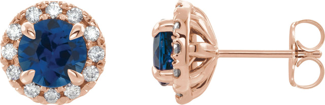 14K Gold Round Natural Blue Sapphire French-Set Halo-Style Earrings - Rose Gold