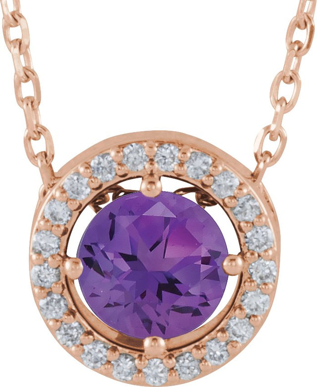 14K Gold Round Natural Amethyst Halo-Style Necklace or Pendant - Rose Gold