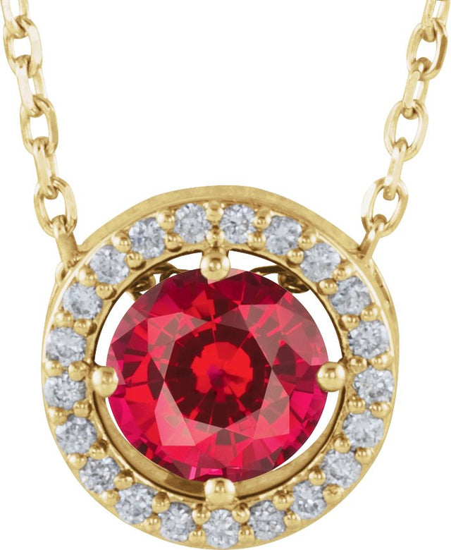 14K Gold Round Lab-Grown Ruby Halo-Style Necklace or Pendant - Yellow Gold