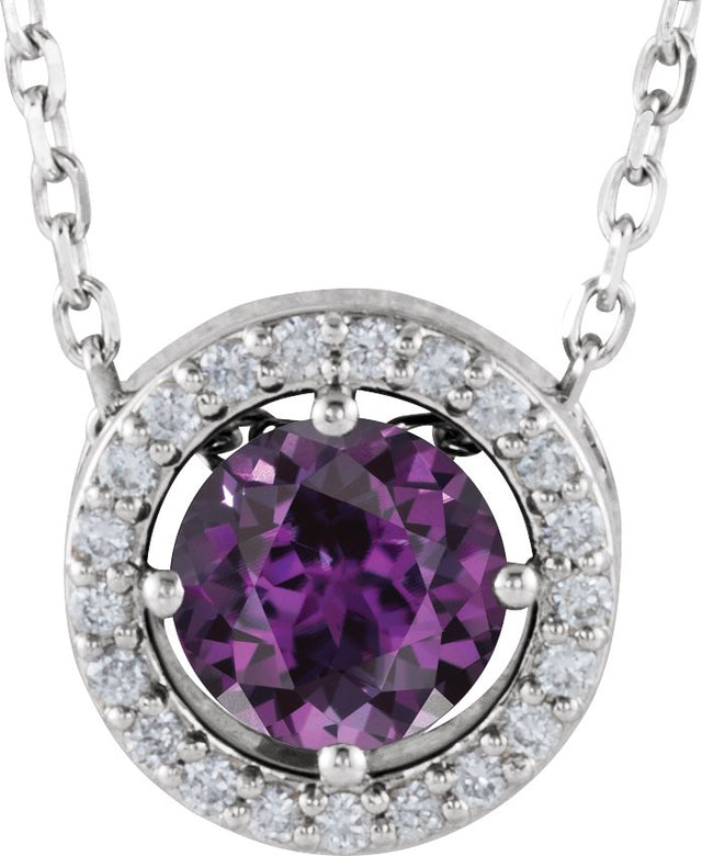 14K Gold Round Lab-Grown Alexandrite Halo-Style Necklace or Pendant - White Gold