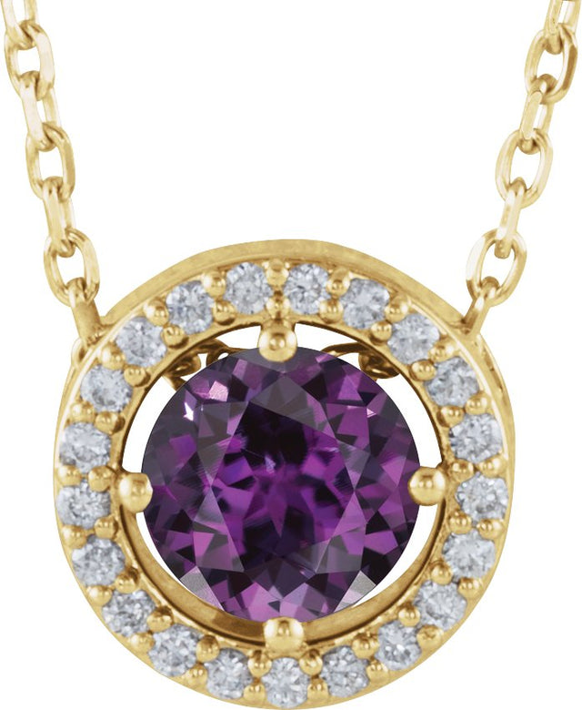 14K Gold Round Lab-Grown Alexandrite Halo-Style Necklace or Pendant - Yellow Gold