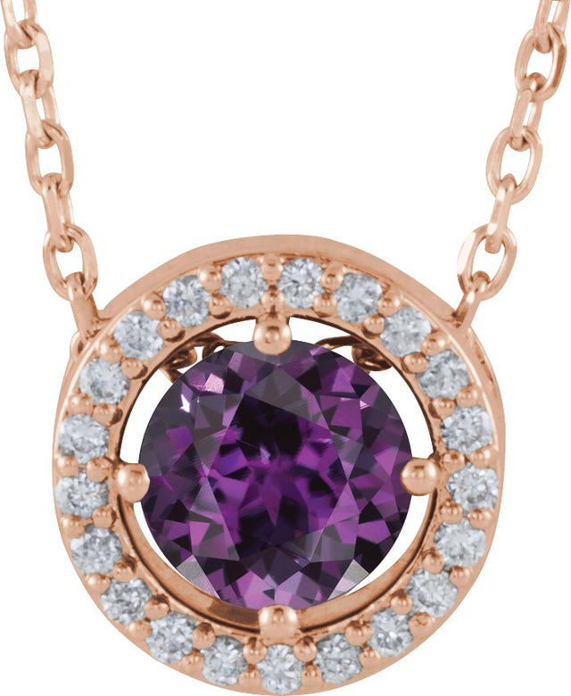 14K Gold Round Lab-Grown Alexandrite Halo-Style Necklace or Pendant - Rose Gold