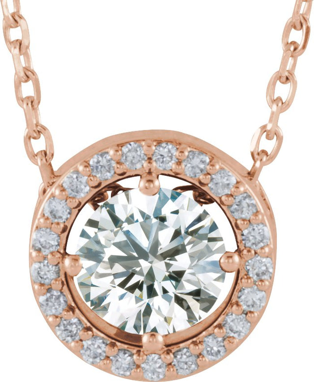 14K Gold Round Natural White Sapphire Halo-Style Necklace or Pendant - Rose Gold