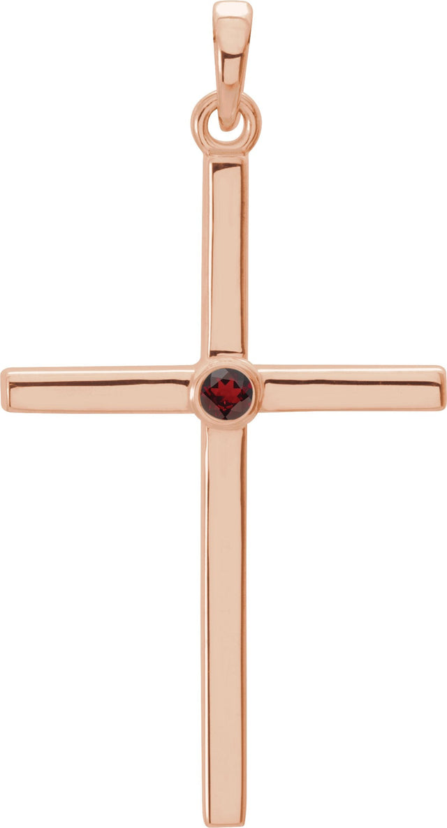 14K Gold Round Natural Mozambique Garnet Cross Pendant - Rose Gold