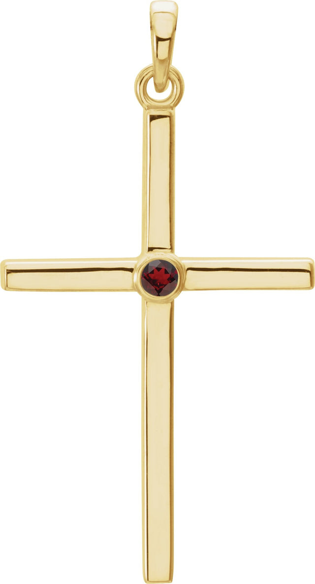 14K Gold Round Natural Mozambique Garnet Cross Pendant - Yellow Gold