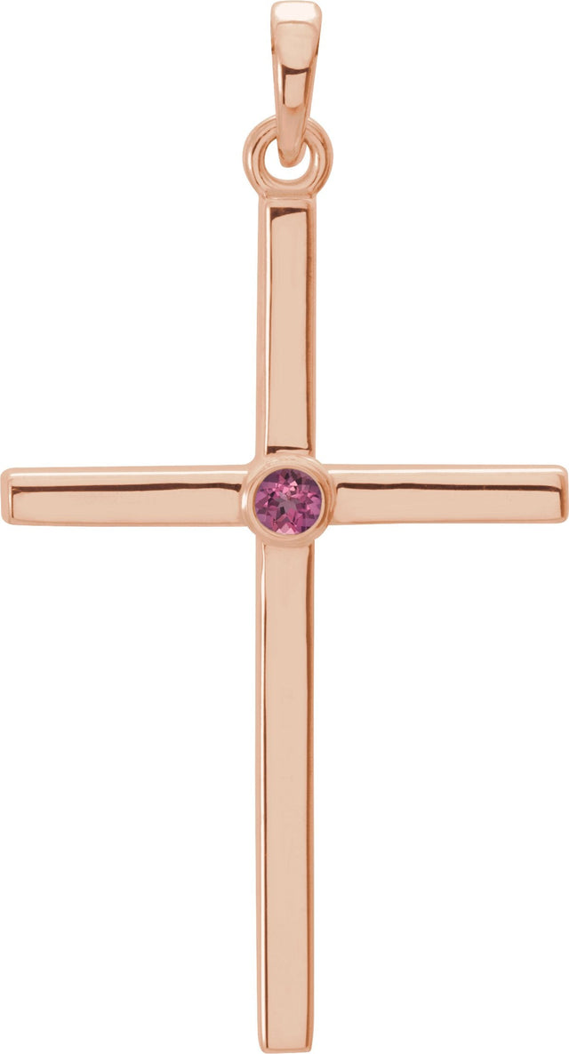 14K Gold Round Natural Pink Tourmaline Cross Pendant - Rose Gold