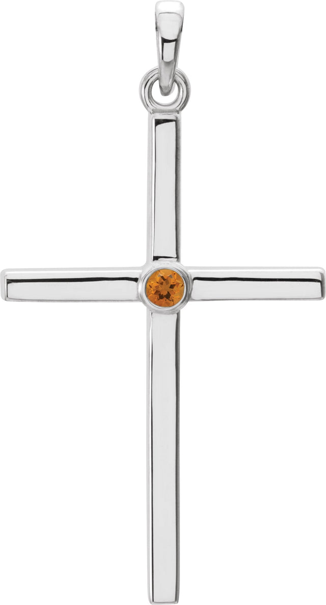 14K Gold Round Natural Citrine Cross Pendant - White Gold