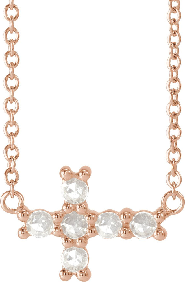 14K Gold Round Natural Diamond Sideways Cross Necklace – 1/8 CTW - Rose Gold