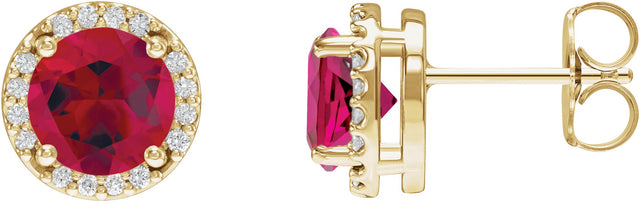 14K Gold Lab-Grown Ruby Round Halo-Style Low Stud Earrings - Yellow Gold