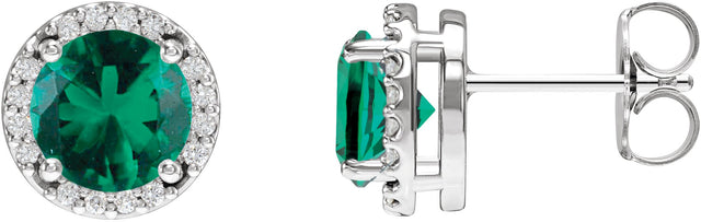 14K Gold Lab-Grown Emerald Round Halo-Style Low Stud Earrings - White Gold