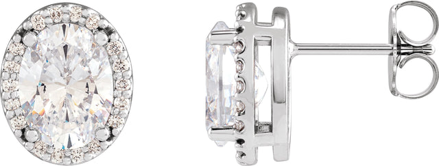 14K Gold Natural Diamond Oval 4-Prong Halo-Style Low Stud Earring - White Gold