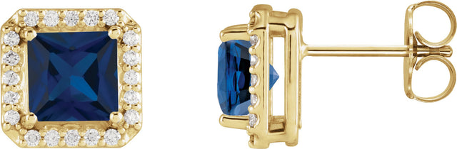 14K Gold Lab-Grown Blue Sapphire Square 4-Prong Halo-Style Earring - Yellow Gold