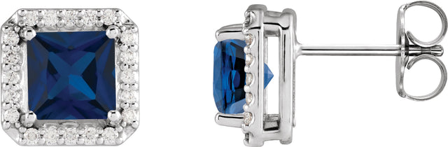 Platinum Lab-Grown Blue Sapphire Square 4-Prong Halo-Style Earring