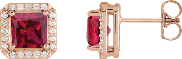 14K Gold Lab-Grown Ruby Natural Diamond Square 4-Prong Halo-Style Earring - Rose Gold