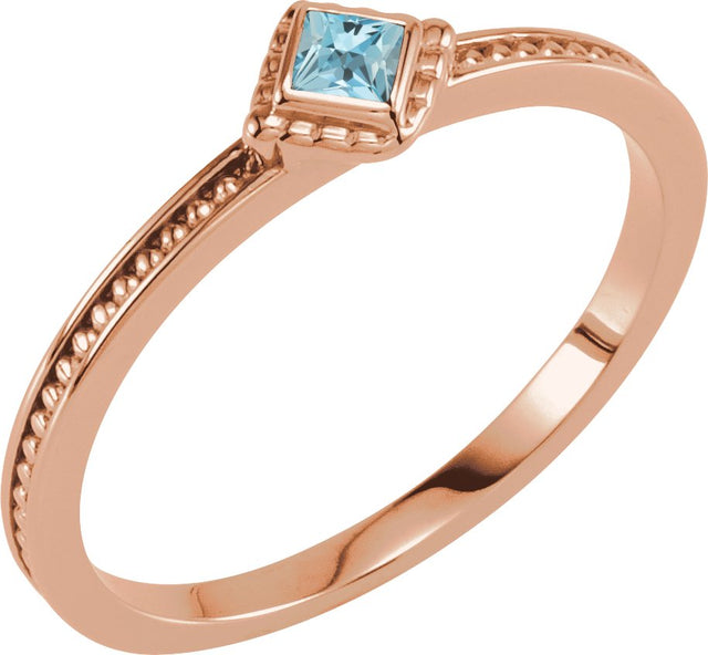 14K Gold Square Natural Aquamarine Family Stackable Ring – 2.5x2.5mm - Rose Gold