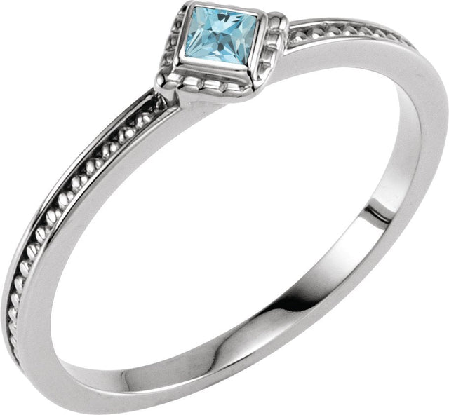 14K Gold Square Natural Aquamarine Family Stackable Ring – 2.5x2.5mm - White Gold