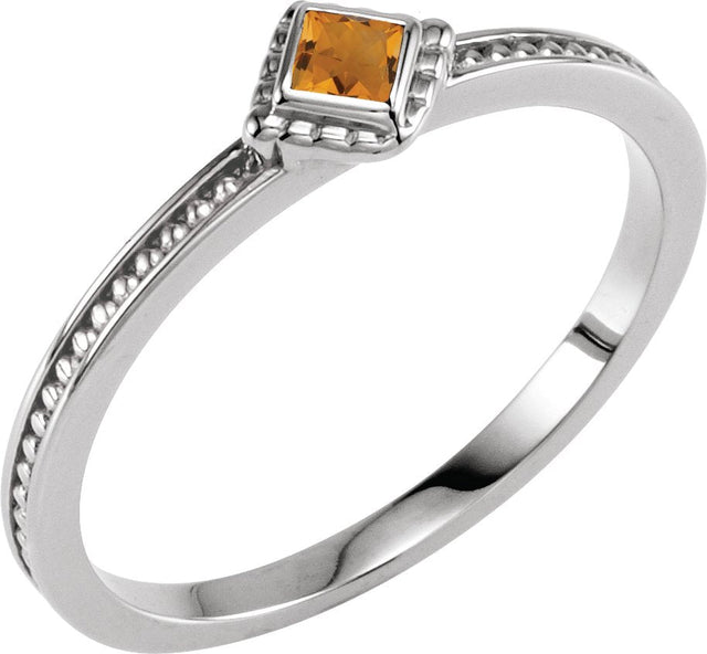 14K Gold Square Natural Citrine Family Stackable Ring – 2.5x2.5mm - White Gold