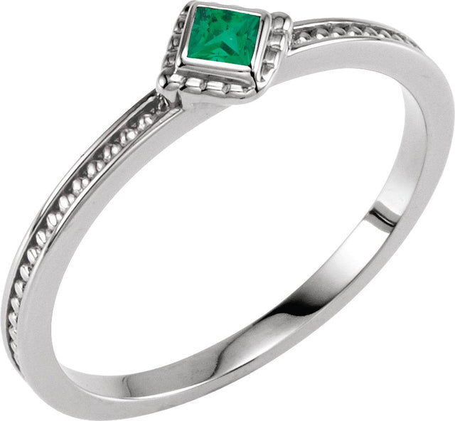 14K Gold Square Natural Emerald Family Stackable Ring – 2.5x2.5mm - White Gold