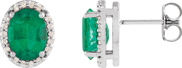 14K Gold Lab-Grown Emerald Oval 4-Prong Halo-Style Low Stud Earring - White Gold
