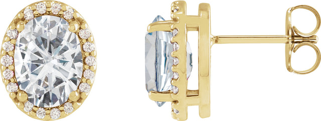 14K Gold Lab-Grown Moissanite Oval 4-Prong Halo-Style Low Stud Earring - Yellow Gold