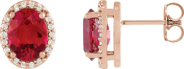 14K Gold Lab-Grown Ruby Oval 4-Prong Halo-Style Low Stud Earring - Rose Gold