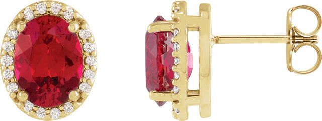 14K Gold Lab-Grown Ruby Oval 4-Prong Halo-Style Low Stud Earring - Yellow Gold