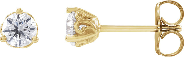 14K Gold Natural Diamond Round 3-Prong Scroll Stud Earrings – 3-4mm Stones - Yellow Gold
