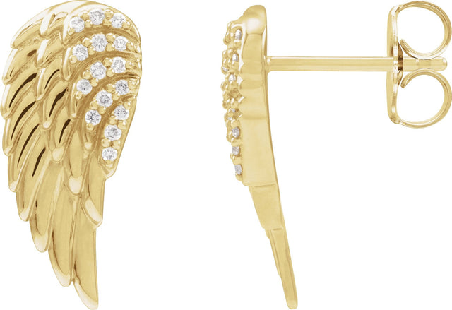 14K Gold Round Natural Diamond Angel Wing Earrings - Yellow Gold