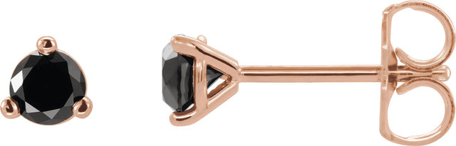 14K Gold Natural Black Diamond Round 3-Prong Stud Earrings - Rose Gold