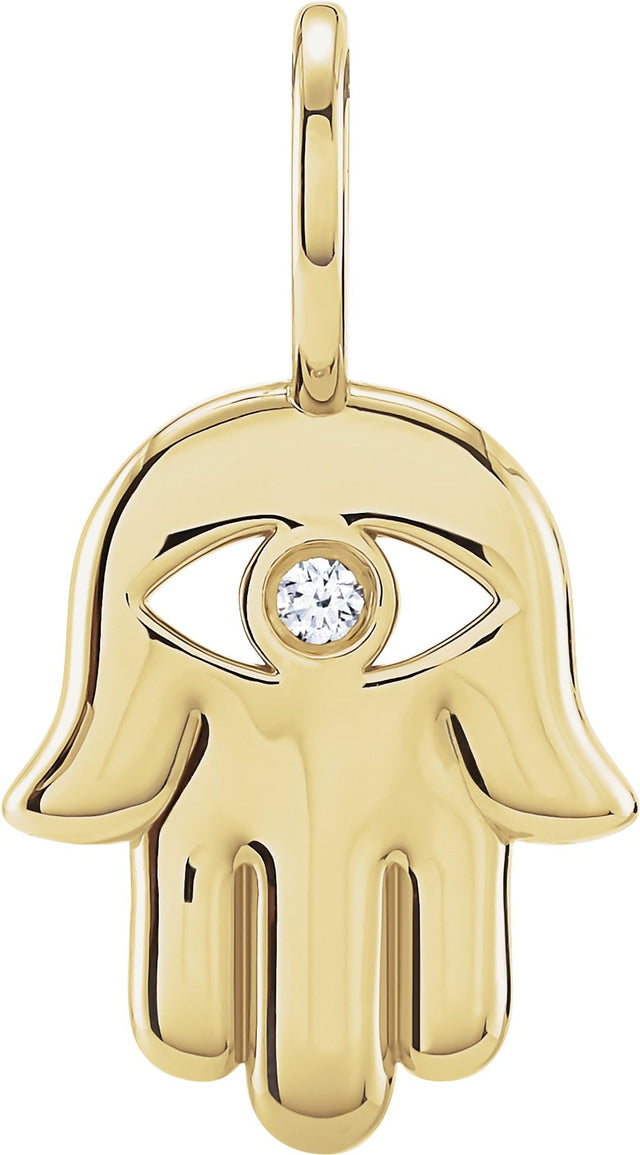 14K Gold Round Natural Diamond Hamsa Hand Pendant - Yellow Gold