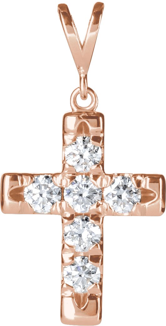 14K Gold Round Natural Diamond French-Set Cross Necklace or Pendant – up to 1/2 CTW - Rose Gold
