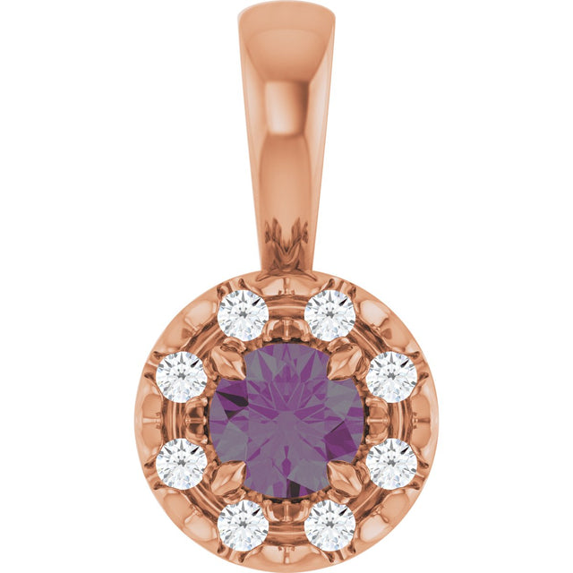 14K Gold Emerald Lab-Grown Alexandrite Halo-Style Necklace or Pendant - Rose Gold