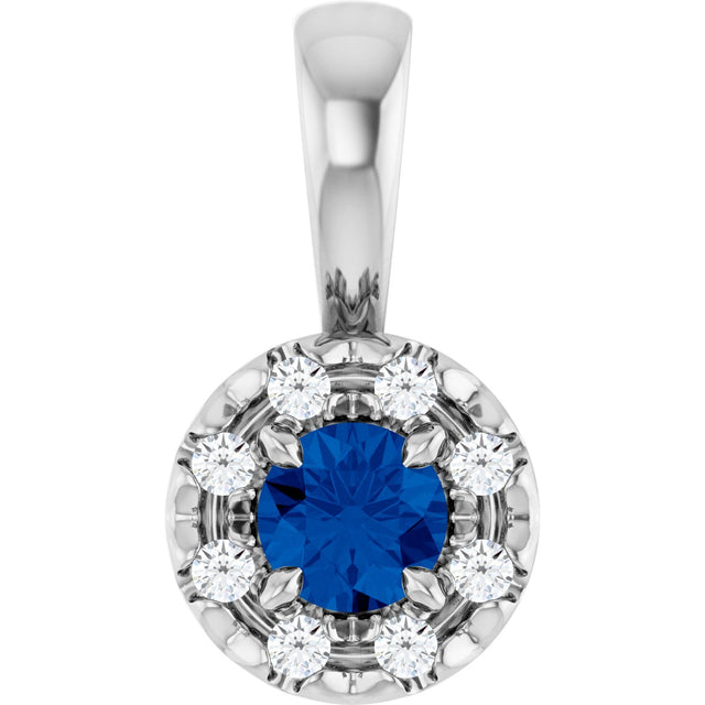 Platinum Emerald Lab-Grown Blue Sapphire Halo-Style Necklace or Pendant