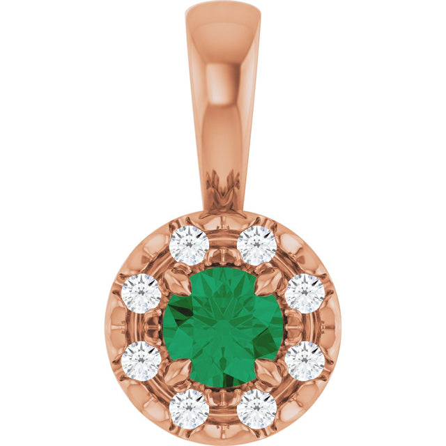 14K Gold Emerald Lab-Grown Emerald Halo-Style Necklace or Pendant - Rose Gold