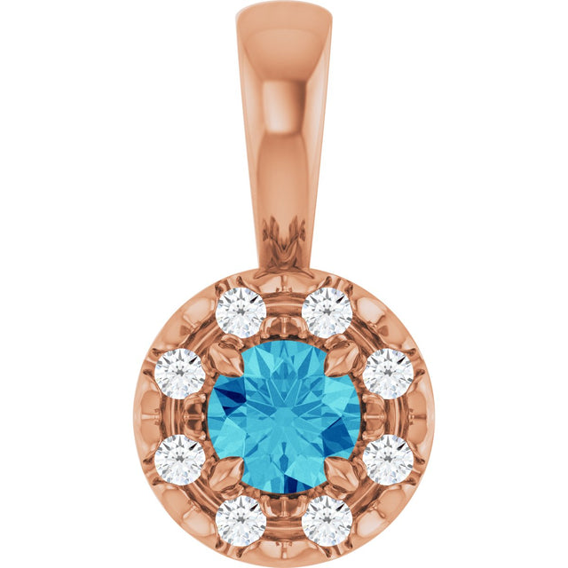 14K Gold Emerald Natural Blue Zircon Halo-Style Necklace or Pendant - Rose Gold