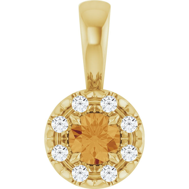 14K Gold Emerald Natural Citrine Halo-Style Necklace or Pendant - Yellow Gold