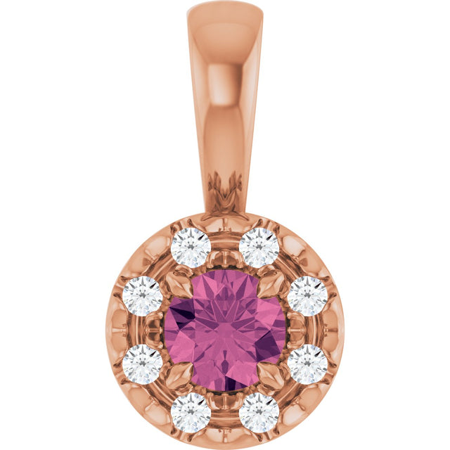 14K Gold Emerald Natural Pink Tourmaline Halo-Style Necklace or Pendant - Rose Gold