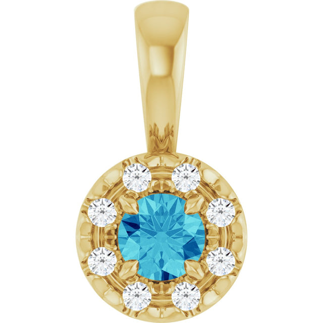 14K Gold Emerald Natural Blue Zircon Halo-Style Necklace or Pendant - Yellow Gold