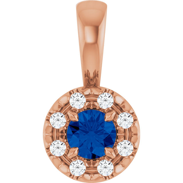 14K Gold Emerald Natural Blue Sapphire Halo-Style Necklace or Pendant - Rose Gold