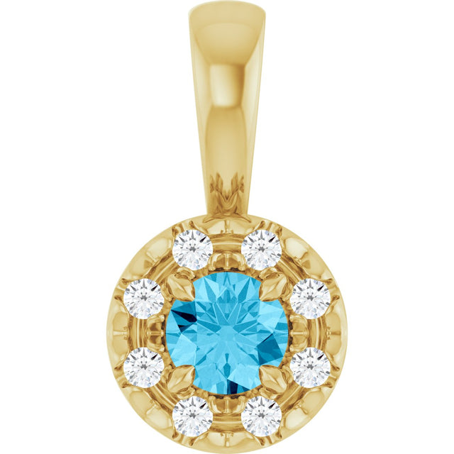 14K Gold Emerald Natural Aquamarine Halo-Style Necklace or Pendant - Yellow Gold